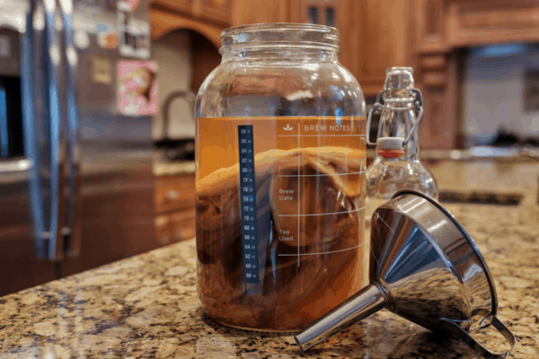how to make kombucha - the brewing process. Jar on a worktop with sieve and bottle ready
